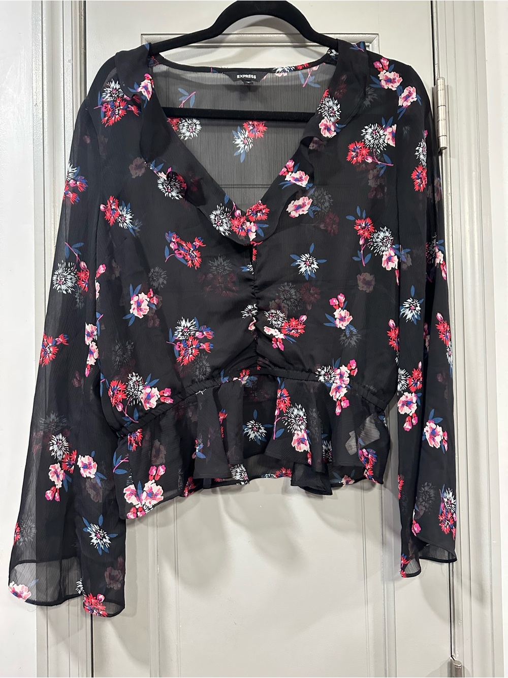 Express Black Floral Ruffle-Front Blouse